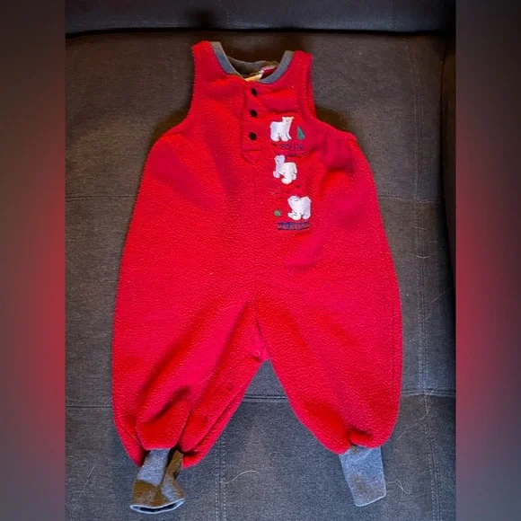 Vintage OshKosh Baby B’gosh Bubble Romper Red Fleece With Polar Bears 12M USA - Picture 1 of 5